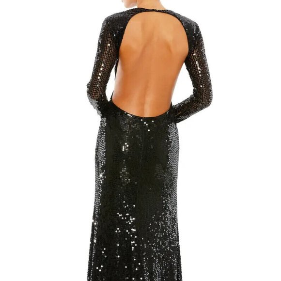 Mac Duggal Black Sequin Open Back Long Sleeve Dress
